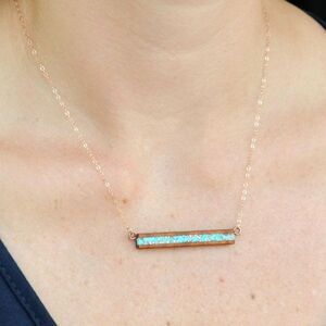 Koa Wood and Turquoise & Copper Bar Necklace with 14k Rose Gold Filled GF Chain